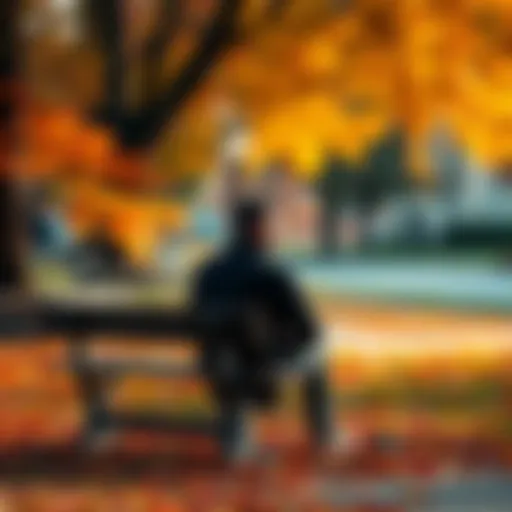 A person sitting on a park bench, looking thoughtfully into the distance, surrounded by colorful autumn leaves, symbolizing contemplation of past decisions.