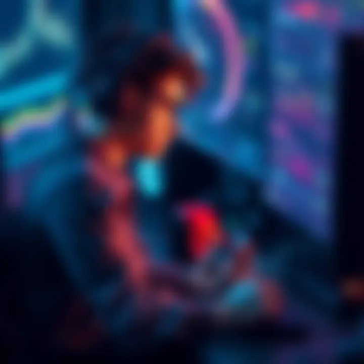 A gamer sitting at a desk, deep in thought with a game controller in hand, looking at a screen showing game stats and performance metrics.