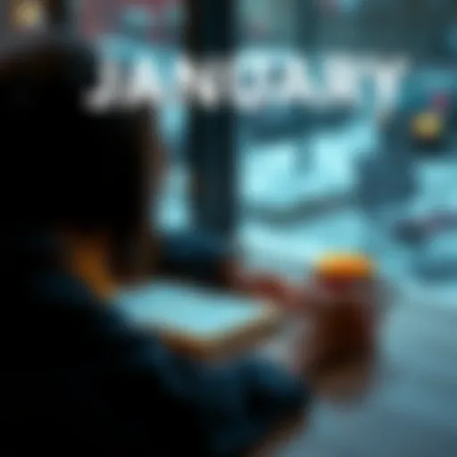 A person sitting at a table, writing in a journal with a cup of coffee, reflecting on their January experiences.