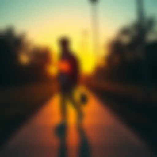 A person walking through a park during sunset, reflecting on their day with a thoughtful expression.