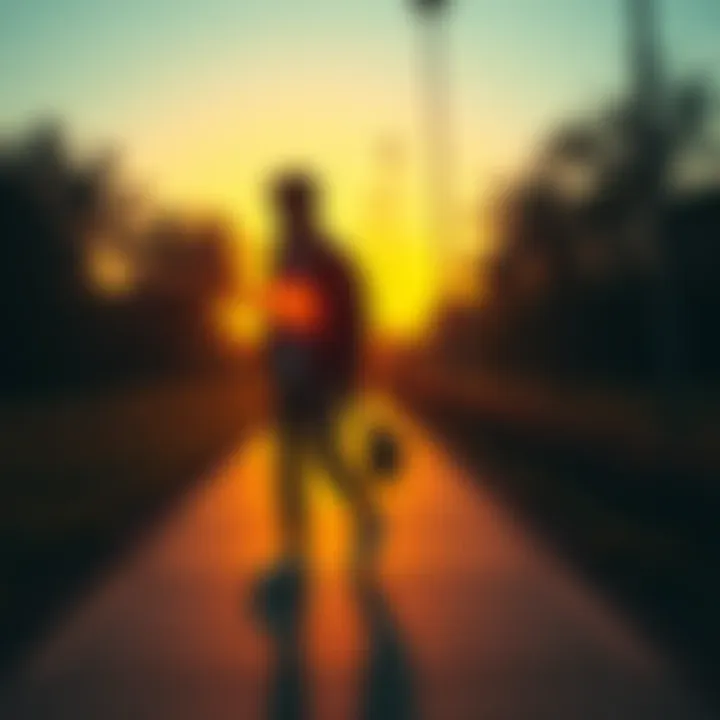 A person walking through a park during sunset, reflecting on their day with a thoughtful expression.