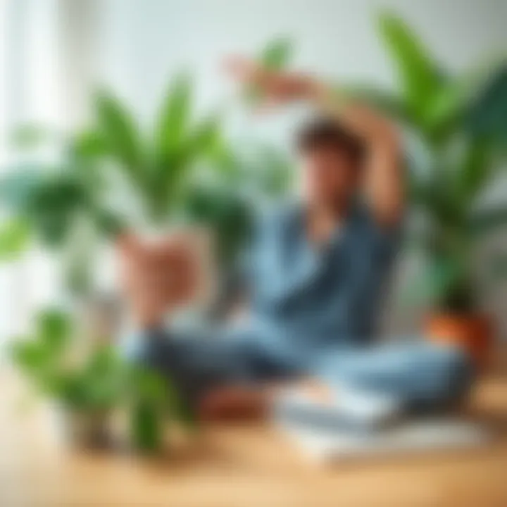 Refreshing Daily Routine A person stretching with a cup of coffee in hand, surrounded by plants and a notebook, symbolizing a balanced morning routine.