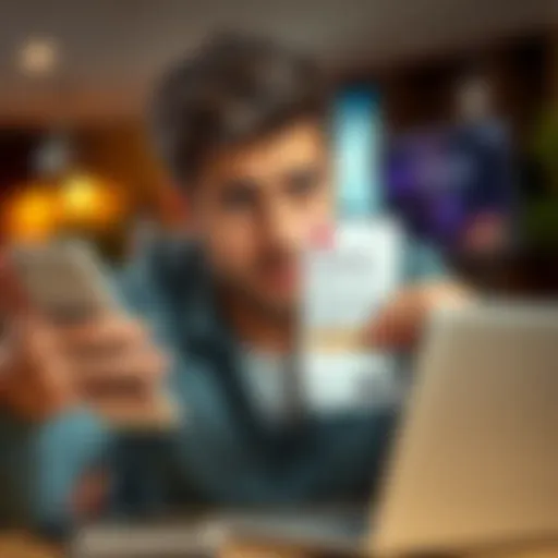 A person looking frustrated while holding a refund receipt and a laptop showing error messages.
