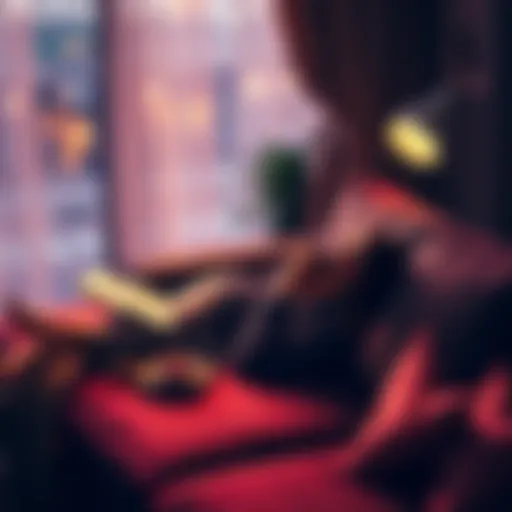 A person lounging on a couch with a book and a cup of tea, enjoying a peaceful evening at home
