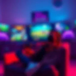 A person sitting comfortably with a game controller, surrounded by screens displaying vibrant game graphics, with a banner showing 20gs rewards.