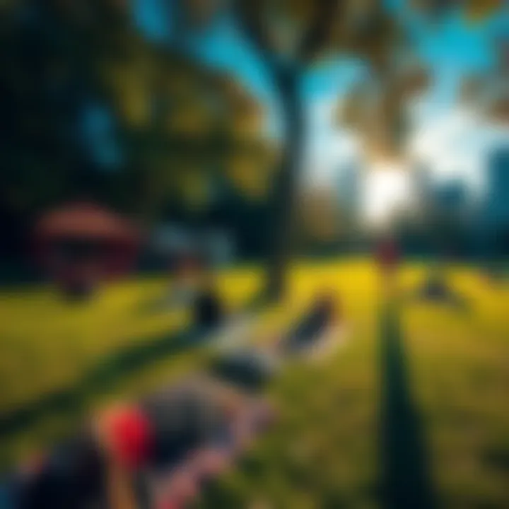 A peaceful park with people relaxing on blankets, enjoying the sun and connecting with each other.