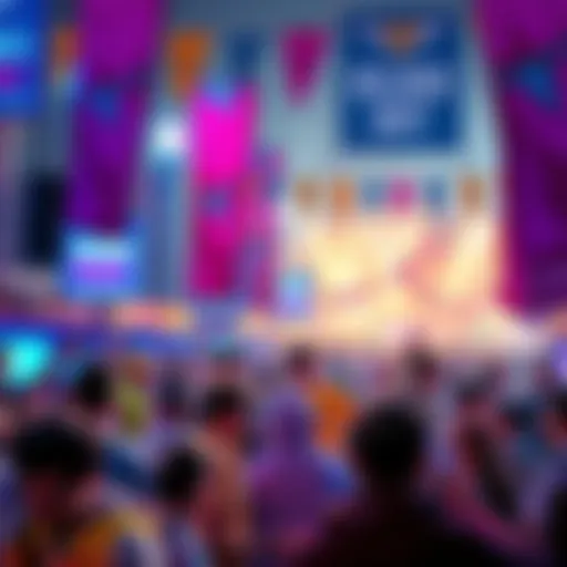 A vibrant scene showing people celebrating at the Reload Out event in 2026, with colorful banners and energetic crowds.