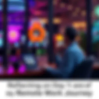 A person sitting at a desk with a laptop, looking thoughtful about their financial choices and personal growth while a casino is visible outside the window.