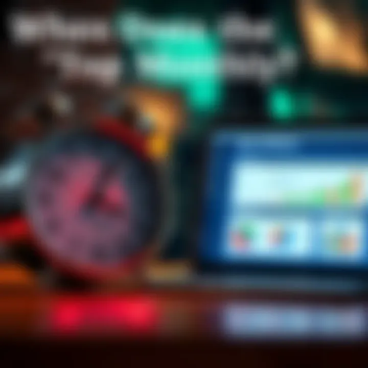 Clock and computer showing report release A clock displays time while a laptop screen shows a report interface