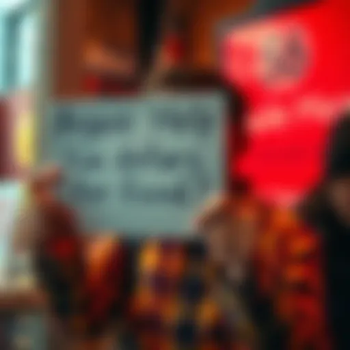 A person holding a sign asking for five dollars for food, showing a sense of urgency and community support.