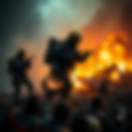 A rescue team works at a disaster site, showing their efforts in providing aid and assistance