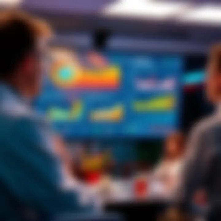 Research Data Presentation A researcher presenting findings on a screen with graphs and charts during a discussion.