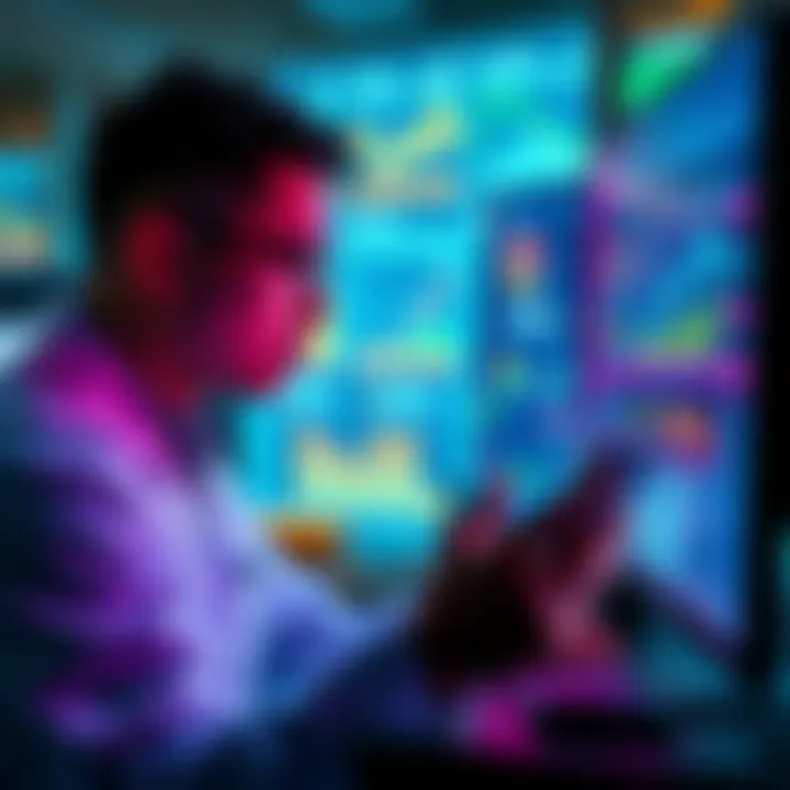 A researcher looks at a computer screen filled with graphs and data related to sports gambling apps and personal data usage.