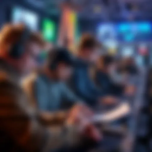 A group of people analyzing data and strategies on laptops and papers before a gaming event.