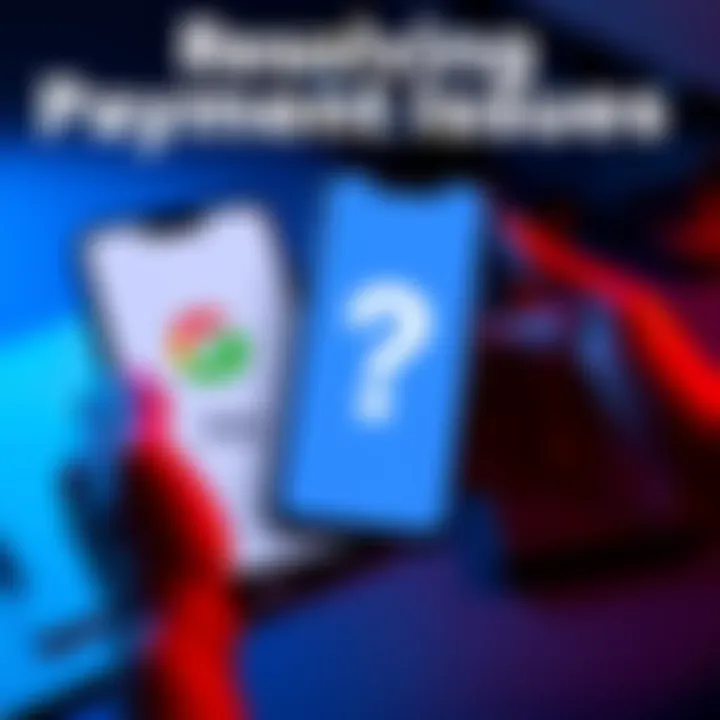 Two mobile phones displaying Google Pay and Paytm apps, with a question mark on a screen, symbolizing payment problems.