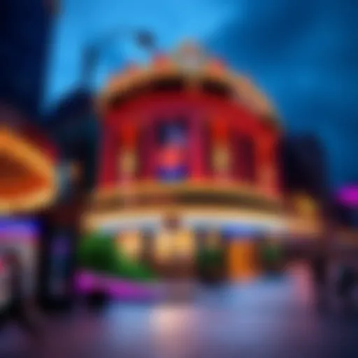 Exterior view of Resorts World Casino in NYC with bright lights and people outside