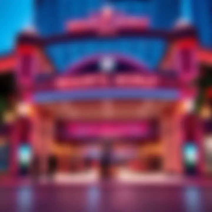 View of the entrance to Resorts World NYC with bright lights and people outside