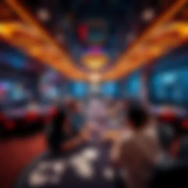 A vibrant casino poker room filled with players at tables, showcasing chips and cards in a lively atmosphere.