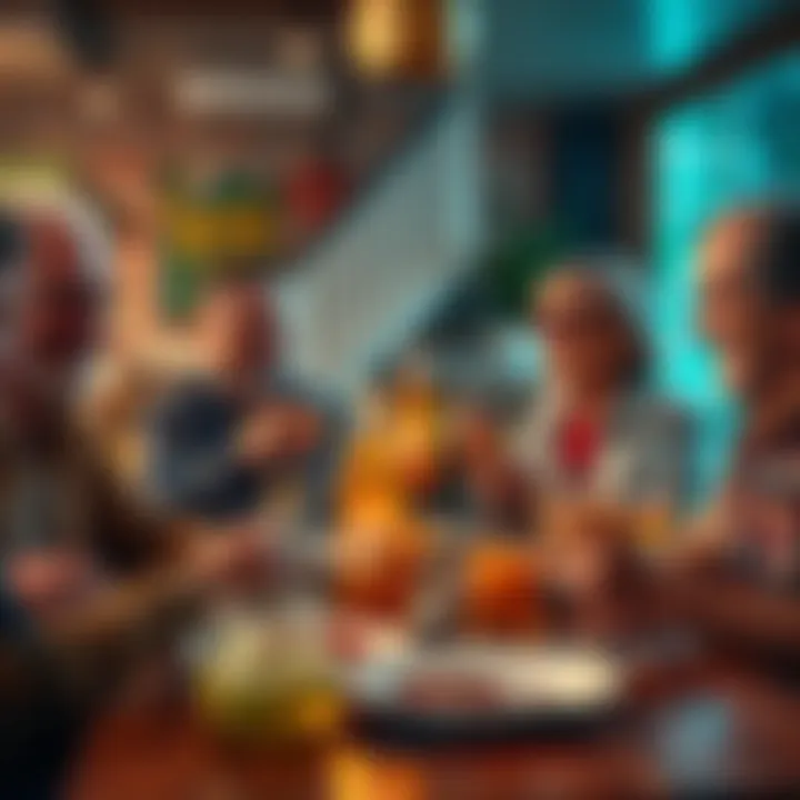 A group of friends enjoying a relaxed retirement party with fish giblets and drinks, sharing laughter and well wishes.