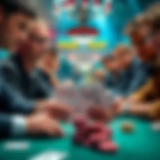 A poker dealer shows mucked cards at a tournament table while players react