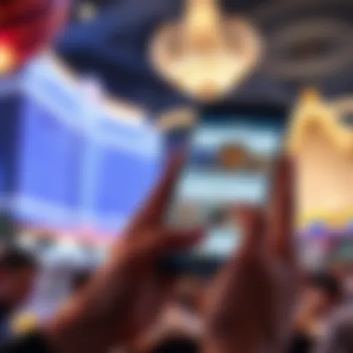 A person looking at a rewards app displaying various options for spending points, with images of luxury venues in the background, like Bellagio and Aria.