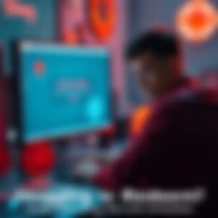 A person looking frustrated while trying to redeem rewards on a computer screen, with a visible error message displayed. Various reward logos are scattered around the desk.