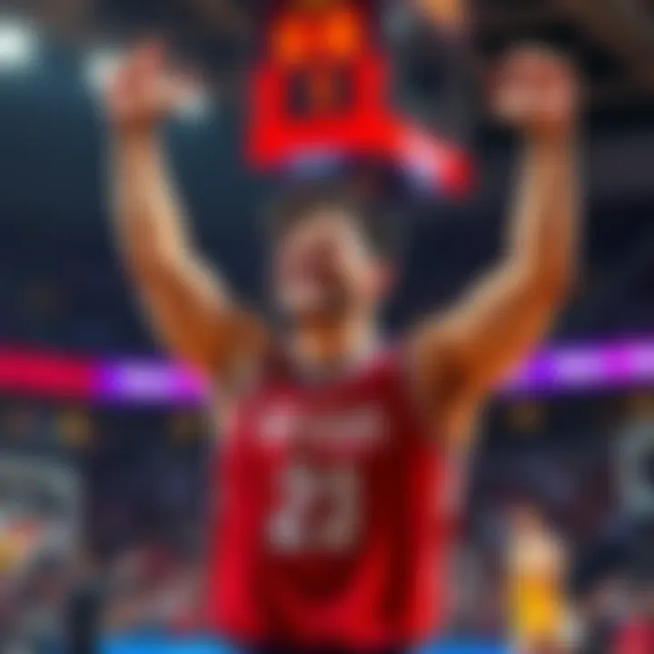 Richard Celebrating a Score Change Richard smiles and raises his arms in celebration after a 2-point score adjustment in a basketball game.