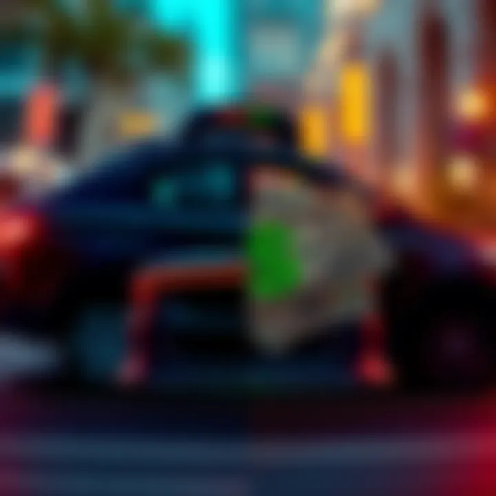 A split image showing a rideshare car on one side and cash rewards on the other, representing the debate in transportation.