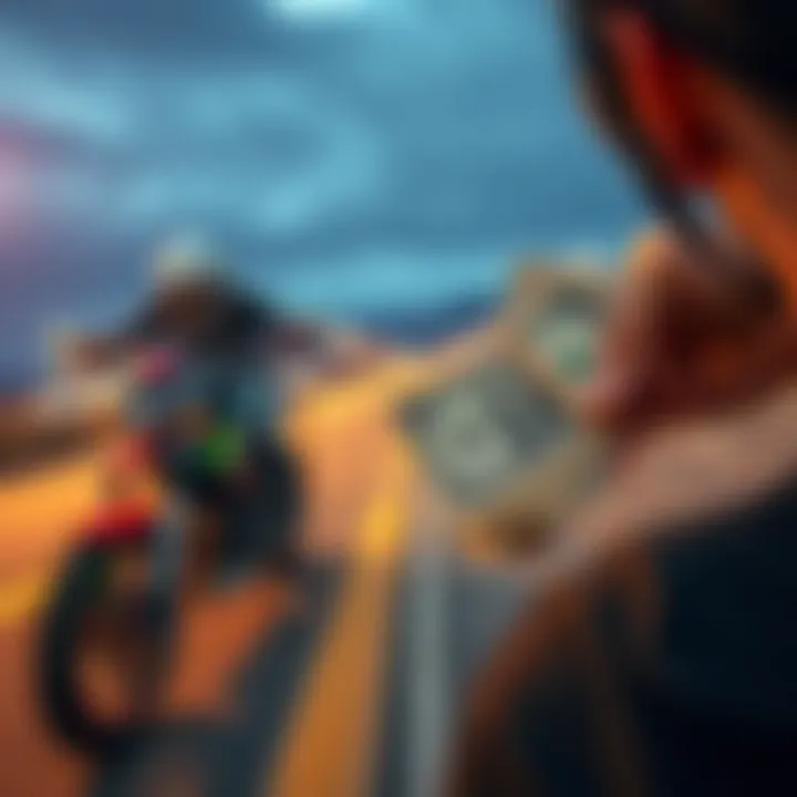 A person weighing options between a motorcycle ride and cash in hand, depicting a tough choice