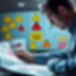 A person examining documents with warning signs and charts representing various risks, looking thoughtful about potential issues.