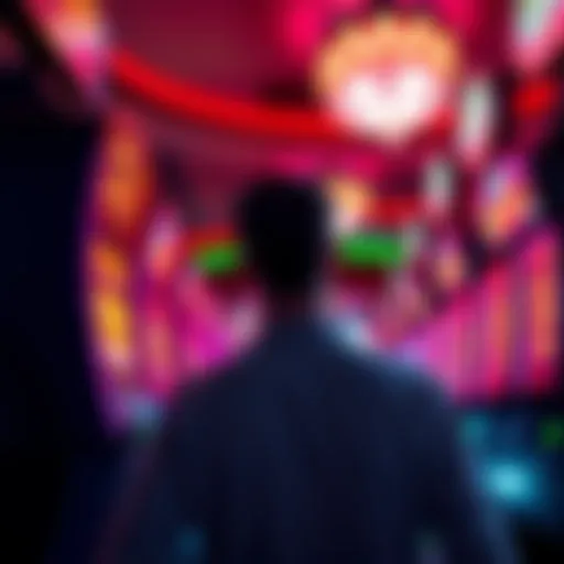 A person standing in front of a slot machine with a determined look, surrounded by bright lights and excitement in a casino.