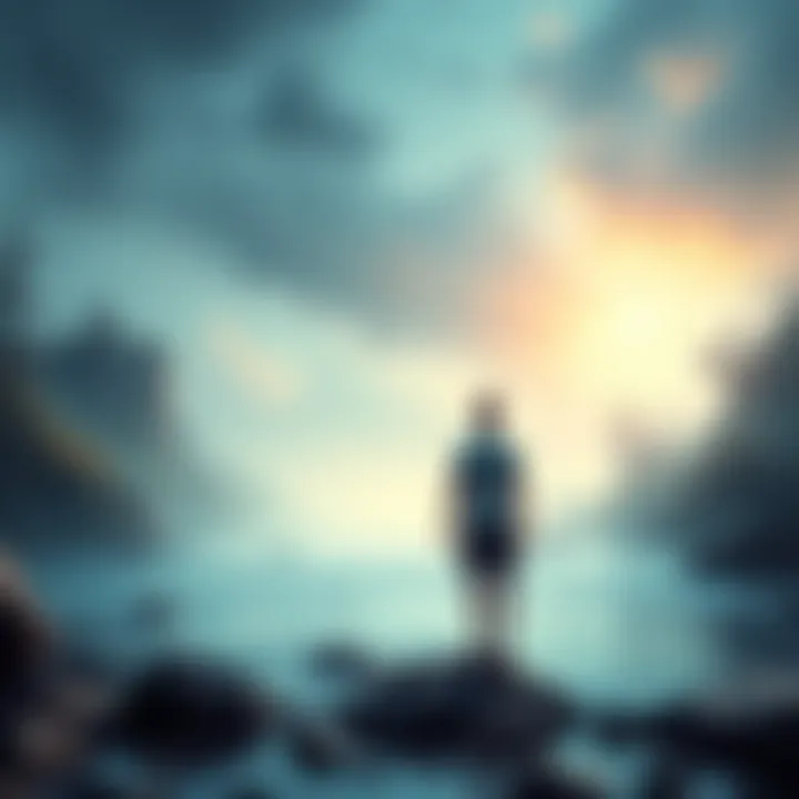 River Crossing A person standing at the edge of a river, contemplating how to cross it, symbolizing obstacles in personal growth.