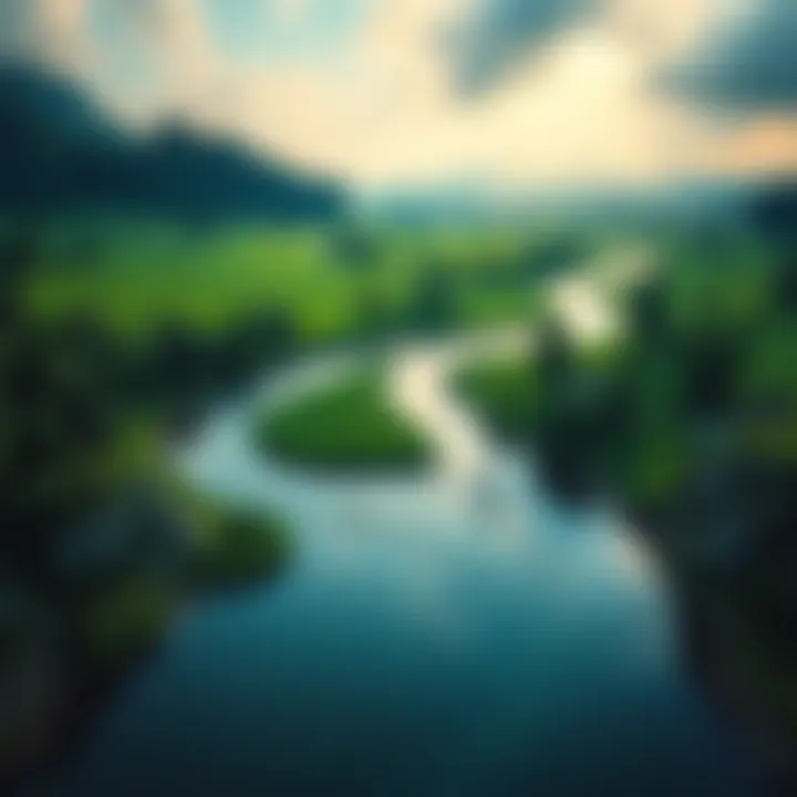 A serene river winding through lush green fields and trees, showcasing its beauty and importance to the ecosystem.