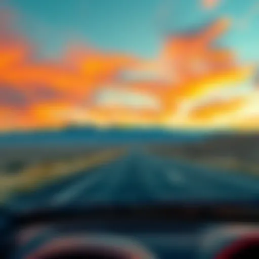 A scenic view of a road trip with a car heading towards California, symbolizing a player's journey to complete a $20k withdrawal challenge after moving to Nevada.