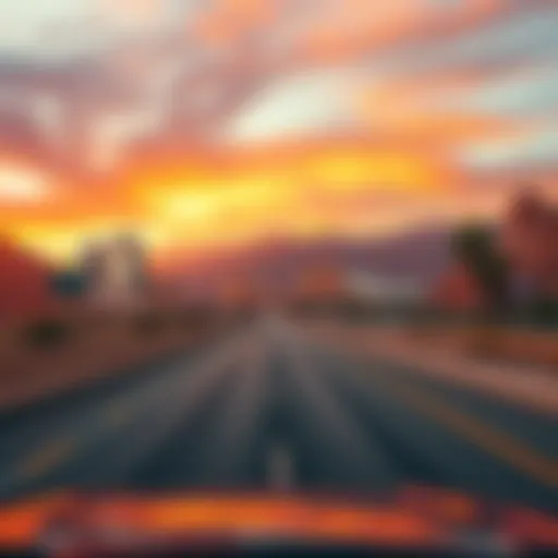 A scenic view of a highway leading to Las Vegas with casinos and desert landscape on either side
