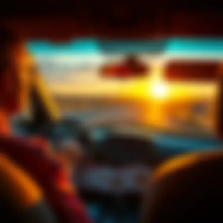 A car packed for a road trip, poker cards on the dashboard, with scenic views of Texas roads in the background.