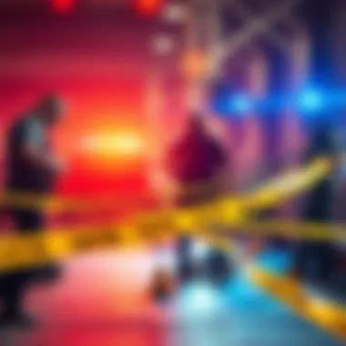 Police officers examining the robbery scene with caution tape and evidence markers