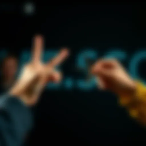 Two people engaged in a rock paper scissors game, hands poised to show their chosen gestures, one showing rock and the other showing scissors, with excitement on their faces.