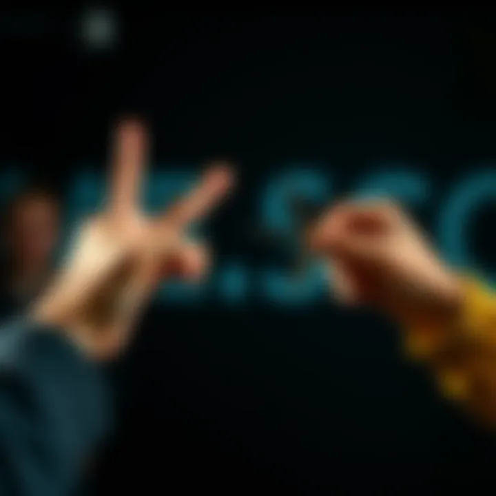 Two people engaged in a rock paper scissors game, hands poised to show their chosen gestures, one showing rock and the other showing scissors, with excitement on their faces.
