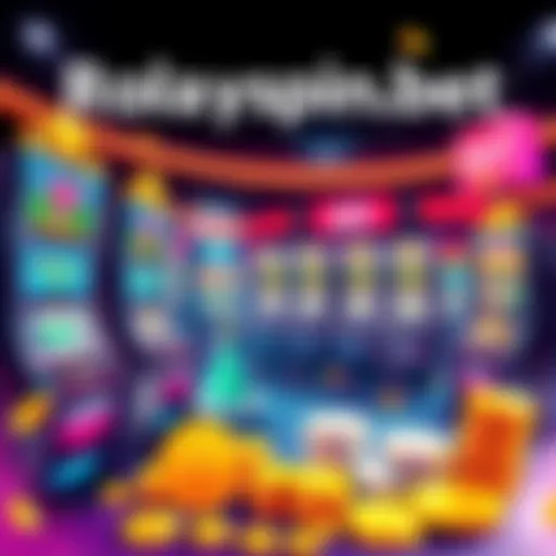 A digital illustration of a virtual casino featuring slot machines and crypto coins, representing Rolayspin.bet