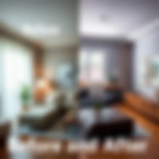Side-by-side view of a room before and after its six-month transformation showcasing new design and decor.