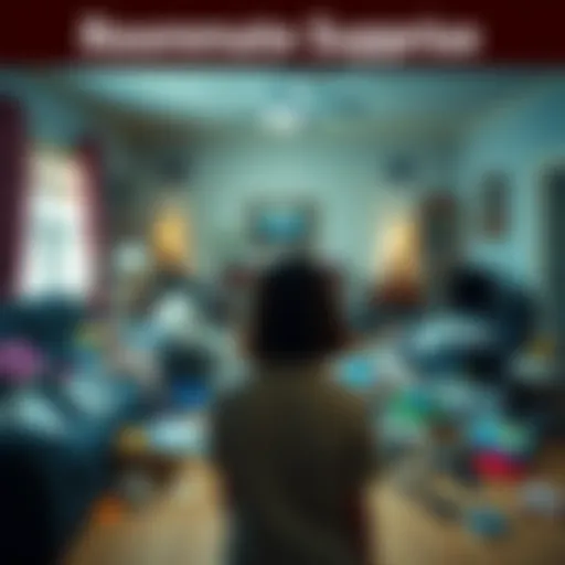 A shocked person looking at a messy living room with items scattered everywhere, reflecting the chaos of a surprising incident involving a roommate.