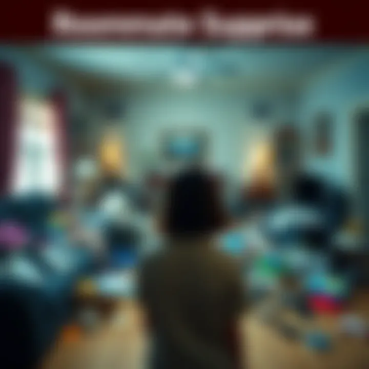 A shocked person looking at a messy living room with items scattered everywhere, reflecting the chaos of a surprising incident involving a roommate.