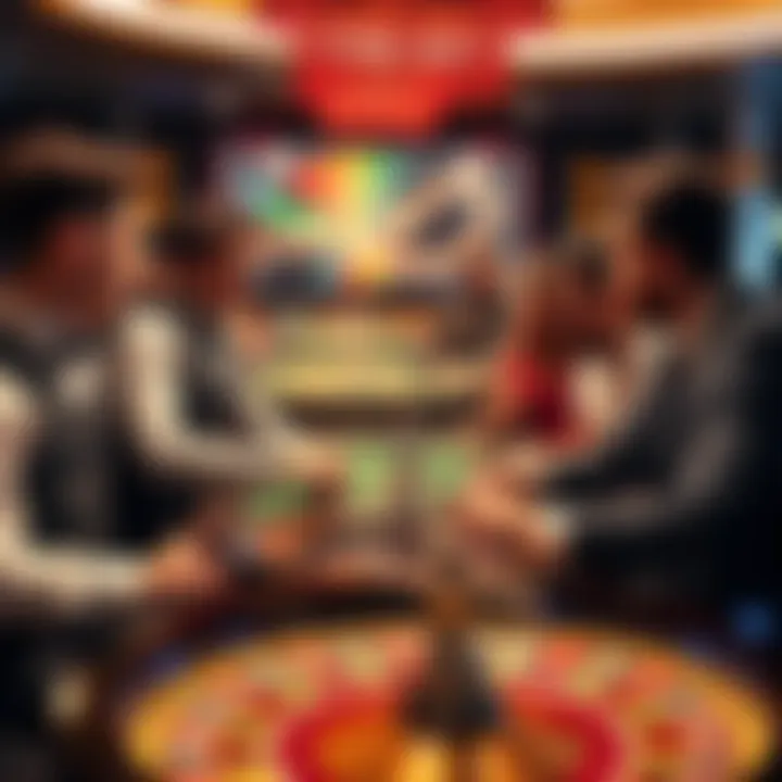 A group of players at a roulette table discussing different betting strategies