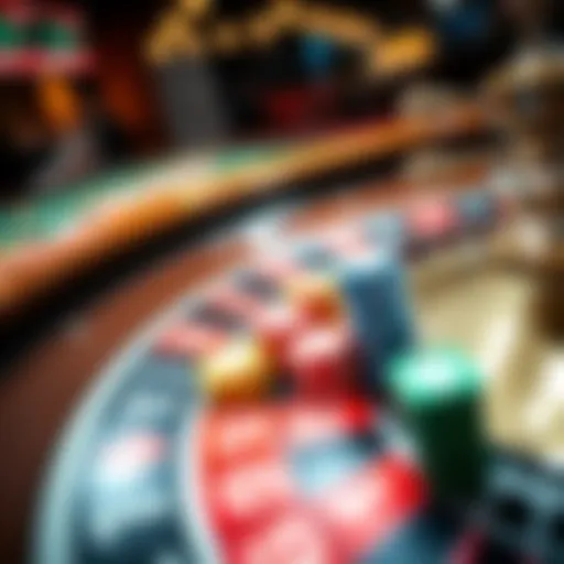 Close-up of a roulette table featuring colorful chips and a spinning wheel