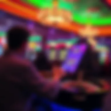 A player using a video roulette machine, focused on the screen in a Las Vegas casino, surrounded by colorful lights and gaming atmosphere.