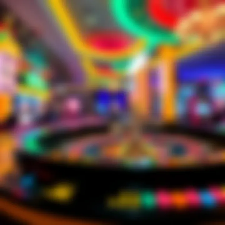 Roulette Table in Las Vegas Casino A vibrant roulette table with a spinning wheel and colorful chips in a busy Las Vegas casino