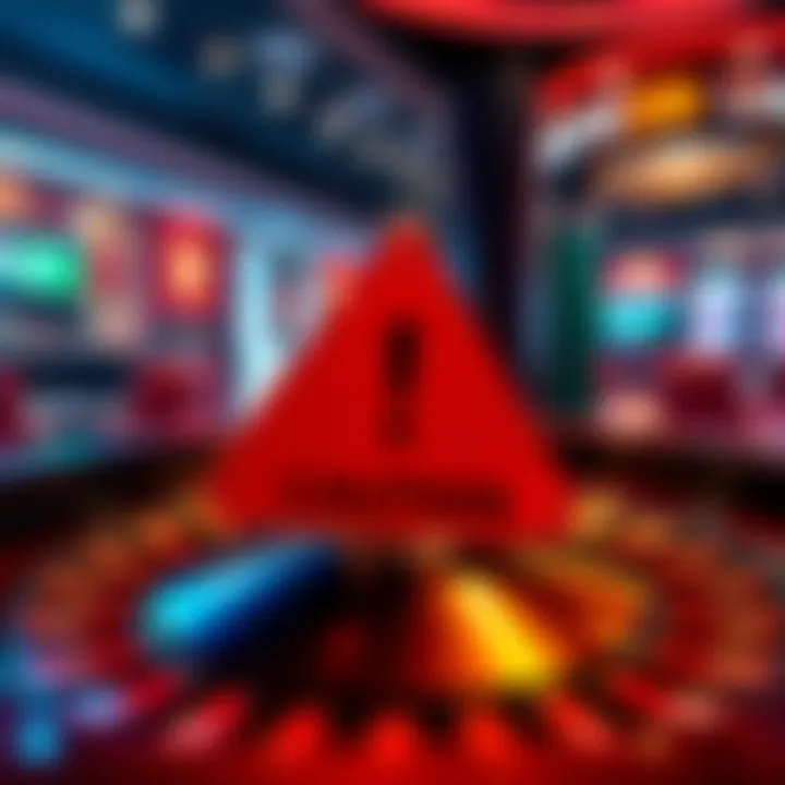 A roulette table with a warning caution sign in front of it, highlighting the risks of online gaming.