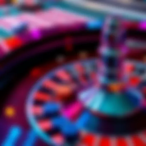 A close-up of a roulette wheel with colorful chips scattered around it, showing a player's betting strategy in action.