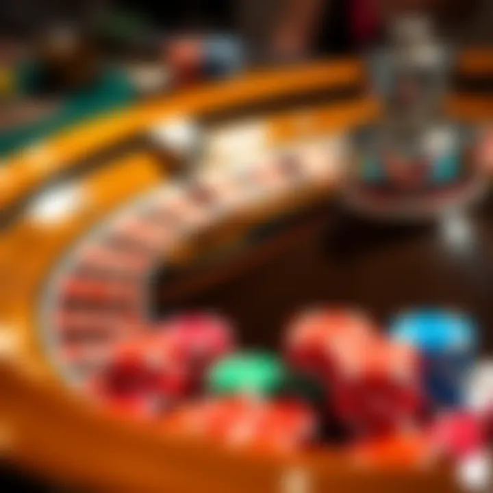 A close-up of a roulette wheel with vibrant chips in various colors placed on the betting table, highlighting strategic betting.